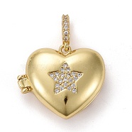 Brass Micro Pave Clear Cubic Zirconia Diffuser Locket Pendants, Long-Lasting Plated, Lead Free & Cadmium Free, Heart with Star, Real 18K Gold Plated, Heart: 19x23x8mm, Hole: 5.5x3mm, Inner Diameter: 17x14mm(ZIRC-E165-15G)