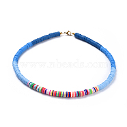 Handmade Polymer Clay Heishi Beaded Necklaces, with Brass Spacer Beads and 304 Stainless Steel Findings, Blue, 15.9~16.1 inch(40.5~41cm)(NJEW-JN02449-05)