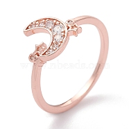 Brass Micro Pave Clear Cubic Zirconia Cuff Rings, Open Rings, Moon with Star, Rose Gold, US Size 7 1/4(17.5mm)(RJEW-P020-15RG)