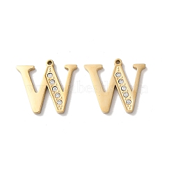 Real 14K Gold Plated 304 Stainless Steel Pendants, with Rhinestone, Letter W, 18x19.5x2mm, Hole: 1.2mm(STAS-L022-157G-W)