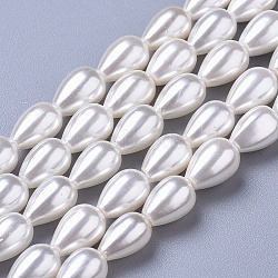 Polished Shell Pearl Beads Strands, Teardrop, White, 8~9x6~7mm, Hole: 0.8mm, about 40pcs/strand, 15.7 inch(40cm)(X-BSHE-L042-A02)