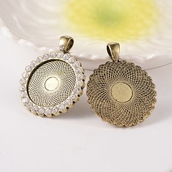 Flat Round Alloy Rhinestone Pendant Cabochon Settings, Cadmium Free & Nickel Free & Lead Free, Antique Bronze, Crystal, Tray: 25mm, 43x34x3mm, Hole: 4x7mm, 38pcs/bag(ALRI-T351-01AB-NF)
