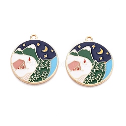 Rack Plating Alloy Enamel Pendants, Cadmium Free & Nickel Free & Lead Free, Light Gold, Flat Round with Night Scene Charm, Colorful, 30x27x2.5mm, Hole: 2mm(ENAM-N056-379KCG)