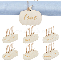 30 Sets 3 Style Unfinished Wooden Napkin Rings Tags Set, Thanksgiving Day Wood Pendant Decoration, with Jute Cords, Pumpkin with Word, Floral White, 70.5x80x2mm, Hole: 4.5mm, 352x1mm, 10 sets/style(DIY-FH0005-62)