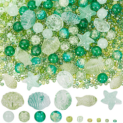 Ocean Theme DIY Seed & Glass Beads Jewelry Making Finding Kit, Green, 2~16.5x2~14x2~11mm, hole: 1~1.6mm(DIY-SC0024-64D)