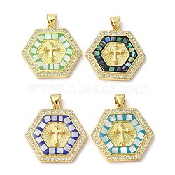 Cross Theme Brass Micro Pave Cubic Zirconia Pendants, with Enamel & Shell, Long-Lasting Plated, Lead Free & Cadmium Free, Real 18K Gold Plated, Hexagon, Mixed Color, 23.5x24x4mm, Hole: 5x3.5mm(KK-K385-035G)