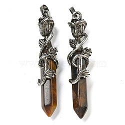 Natural Tiger Eye Faceted Double Termimal Pointed Big Pendants, Hexagonal Prism Charms with Alloy Rose Wrapped, Antique Silver, 59.5x14x10.5mm, Hole: 6.5x4.5mm(G-P547-03AS-02)