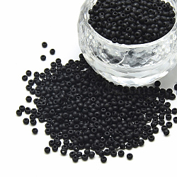 12/0 Grade A Round Glass Seed Beads, Opaque Frosted Style, Black, 2x1.5mm, Hole: 0.8mm, about 30000pcs/bag(SEED-Q008-M748)