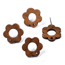 Walnut Wood Stud Earring Findings, with Hole and 304 Stainless Steel Pin, Hollow Flower, Peru, 17.5x17.5mm, Hole: 1.6mm, Pin: 0.7mm(MAK-N032-016)