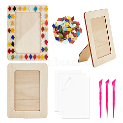 Olycraft DIY Mosaic Photo Frame Making Kit, Including Natural Wood Rectangle Picture Frame, PVC Picture Frame Hard Sheet, Plastic Sculpture Knifes, Mosaic Glass Cabochons, Mixed Color, 194x143mm(DIY-OC0004-46)