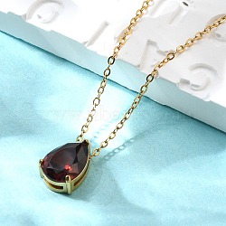 304 Stainless Steel Necklaces, with Cubic Zirconia Teardrop Charms, Real 18K Gold Plated, Dark Red, 16.22 inch(41.2cm) long+64mm extender(NJEW-R022-01G-01)