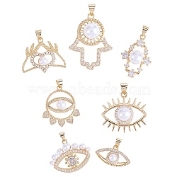 7Pcs 7 Styles Rack Plating Brass Micro Pave Clear Cubic Zirconia Charms, with Acrylic Bead, Long-Lasting Plated, Cadmium Free & Lead Free, Mixed Shapes, Real 18K Gold Plated, 13.5~26.5x18~27.5x6~10mm, Hole: 4x3mm, 1pc/style(ZIRC-SZ0004-87)