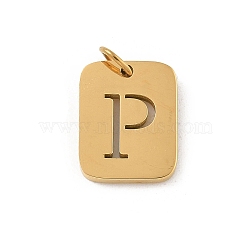 304 Stainless Steel Charms, with Jump Ring, Golden, Rectangle with Letter Charm, Letter P, 12.5x9.5x1.5mm, Hole: 3mm(STAS-R001-01G-P)