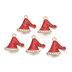 Rack Plating Alloy Enamel Pendants, with Rhinestone, Cadmium Free & Nickel Free & Lead Free, Light Gold, Christmas Hat, Red, 20x20x4.5mm, Hole: 1.8mm(ENAM-N055-150A)