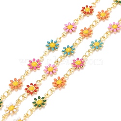 Brass Daisy Flower & Oval Link Chains, with Enamel & Spool, Soldered, Real 18K Gold Plated, Colorful, Links: 13x7.5x2mm, 4x3x0.6mm(CHC-I035-13G-08)