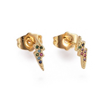 Brass Micro Pave Cubic Zirconia Flash Crawler Stud Earrings, Climber Earrings, with Brass Ear Nuts, Lightning Bolt, Colorful, Golden, 10~10.5x3.5mm, Pin: 0.7mm