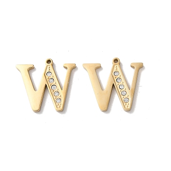 Real 14K Gold Plated 304 Stainless Steel Pendants, with Rhinestone, Letter W, 18x19.5x2mm, Hole: 1.2mm