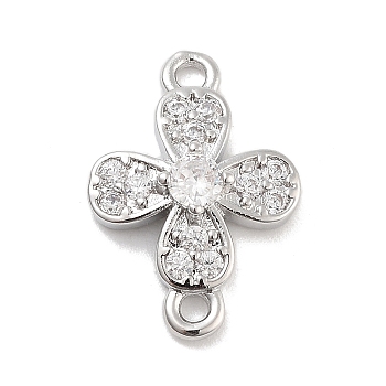 Brass Pave Clear Cubic Zirconia Flower Links Connector Charms, Platinum, 16.5x11.5x3.5mm, Hole: 1.4mm