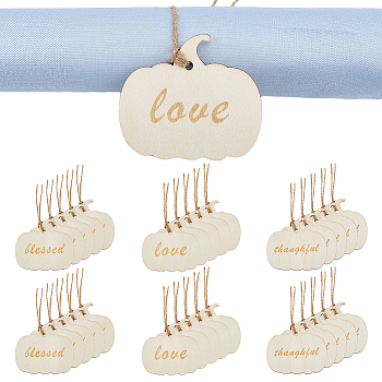 30 Sets 3 Style Unfinished Wooden Napkin Rings Tags Set, Thanksgiving Day Wood Pendant Decoration, with Jute Cords, Pumpkin with Word, Floral White, 70.5x80x2mm, Hole: 4.5mm, 352x1mm, 10 sets/style