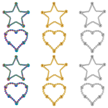 12Pcs 6 Styles Ion Plating(IP) 304 Stainless Steel Linking Ring Rhinestone Settings, Star & Heart, Mixed Color, Fit for 1.5mm Rhinestone, 21~23.5x22~25x1.5mm, 2pcs/style