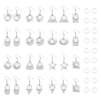14 Pairs 14 Styles Glass Blank Dome Dangle Earrings, 304 Stainless Steel Earrings, Square & Hexagon & Rectangle & Teardrop & Flower, Stainless Steel Color, 43~52mm, Pin: 0.7mm, 1Pair/style