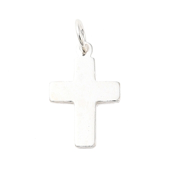 925 Sterling Silver Charms, with Jump Rings, Silver Color Plated, Cross, 12.5x8x0.5mm, Hole: 2.5mm