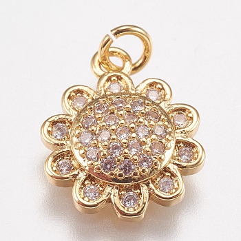 Brass Micro Pave Cubic Zirconia Charms, Flower, Golden, 14x11.5x3mm, Hole: 2mm