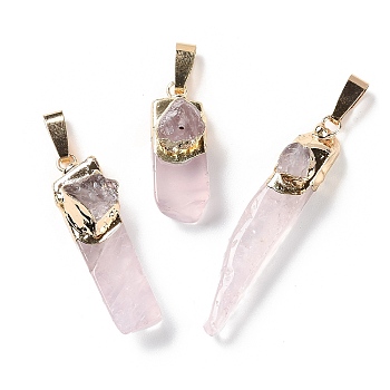 Natural Rose Quartz Big Pendants, with Golden Plated Brass Snap on Bails, Rectangle Charms, 20~74x8~14x6~16mm, Hole: 10x4mm