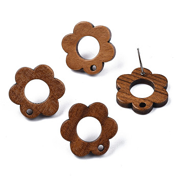 Walnut Wood Stud Earring Findings, with Hole and 304 Stainless Steel Pin, Hollow Flower, Peru, 17.5x17.5mm, Hole: 1.6mm, Pin: 0.7mm
