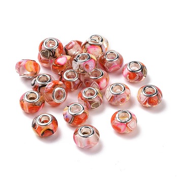 Transparent Resin European Rondelle Beads, Large Hole Beads, with Heart Polymer Clay and Platinum Tone Alloy Double Cores, Red, 14x8.5mm, Hole: 5mm