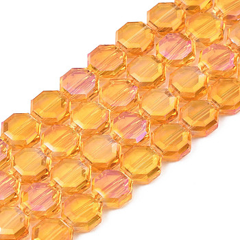 Electroplate Translucent Glass Beads Strands, AB Color Plated, Half Plated, Faceted, Octagon, Orange, 7~8x7~8x4mm, Hole: 1.2mm, about 72pcs/strand, 20.47 inch(52cm)