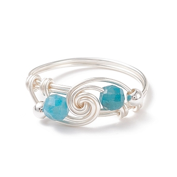 Natural Apatite Beaded Spiral Finger Ring, Brass Wire Wrap Jewelry for Women, Silver, US Size 8 1/2(18.5mm)
