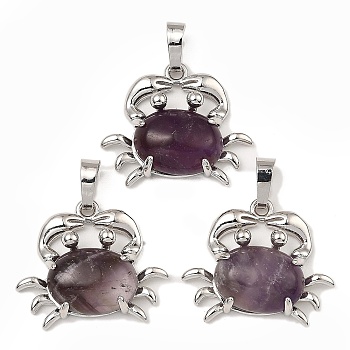 Rack Plating Brass Pendants, with Natural Amethyst, Crab Charms, Platinum, 22x26.5x7mm, Hole: 8x5mm