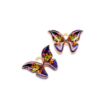 Alloy Enamel Pendants, Butterfly Charms, Light Gold, Colorful, 21x15mm
