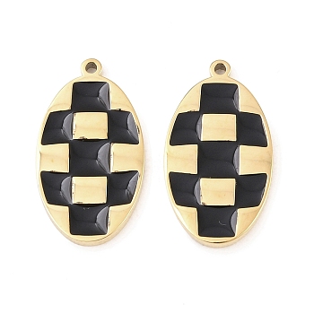 304 Stainless Steel Enamel Pendants, Oval with Tartan Pattern Charms, Golden, 20.5x11.5x2mm, Hole: 1.2mm