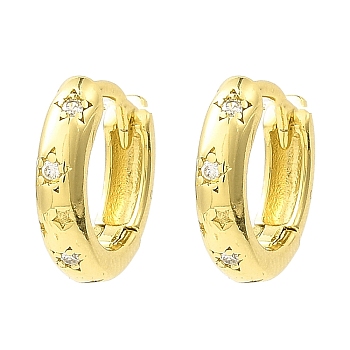 Star Brass Hoop Earrings, with Clear Cubic Zirconia, Long-Lasting Plated, Lead Free & Cadmium Free, Real 18K Gold Plated, 13x3.5mm