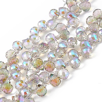 Transparent Electroplate Glass Beads Strands, Faceted, Top Drilled Teardrop, Half Rainbow Plated, Lilac, 10x7.5~8mm, Hole: 0.8~1mm, about 95~100pcs/strand, 23.23~26.77(59~68cm)