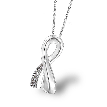 Crystal Rhinestone Awareness Ribbon Pendant Necklace, with Stainless Steel Chains, Stainless Steel Color, no size