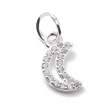 925 Sterling Silver Cubic Zirconia Pendants, with Jump Ring Charms, Moon, 10.5x6x1.5mm