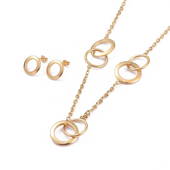 304 Stainless Steel Jewelry Sets, Cable Chains Pendant Necklaces and Stud Earrings, with Ear Nuts, Ring, Golden, 32.67 inch(83cm), 15mm, Pin: 0.7mm