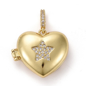 Brass Micro Pave Clear Cubic Zirconia Diffuser Locket Pendants, Long-Lasting Plated, Lead Free & Cadmium Free, Heart with Star, Real 18K Gold Plated, Heart: 19x23x8mm, Hole: 5.5x3mm, Inner Diameter: 17x14mm