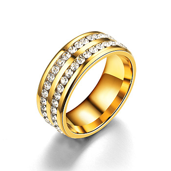 201 Stainless Steel Rhinestone Finger Ring, Golden, 8mm, US Size 8(18.1mm)