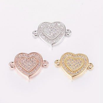 Brass Micro Pave Cubic Zirconia Links, Clear, Heart, Mixed Color, 12.5x17x2mm, Hole: 1mm