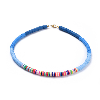 Handmade Polymer Clay Heishi Beaded Necklaces, with Brass Spacer Beads and 304 Stainless Steel Findings, Blue, 15.9~16.1 inch(40.5~41cm)