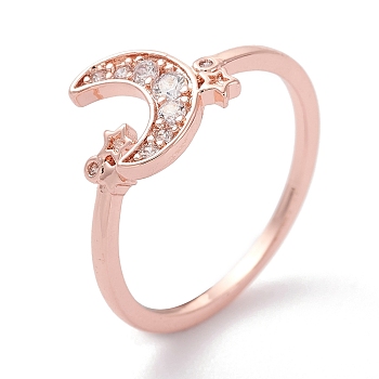Brass Micro Pave Clear Cubic Zirconia Cuff Rings, Open Rings, Moon with Star, Rose Gold, US Size 7 1/4(17.5mm)