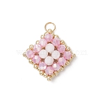 Handmade Glass & Natural Rainbow Moonstone Beads Pendants, Rhombus, with  Glass Seed & 304 Stainless Steel Jump Rings, Faceted, Pink, 19x19x5mm, Hole: 3mm(PALLOY-MZ00850-01)