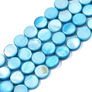 Freshwater Shell Beads Strands, Dyed, Flat Round, Deep Sky Blue, 8x2.5~3.5mm, Hole: 0.8mm, about 50~51pcs/strand, 15.35 inch~15.75 inch(39cm~40cm)(SHEL-T009-B16-05)