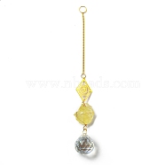 Wire Wrapped Nuggets Natural Citrine Pendant Decorations, Brass Rhombus and Glass Round Tassels Hanging Ornaments, 245mm, Hole: 11mm(HJEW-C008-01D-G)