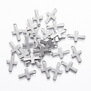 201 Stainless Steel Tiny Cross Charms, Stainless Steel Color, 12x7x0.8mm, Hole: 1mm(STAS-L197-32P)
