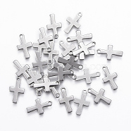 Tarnish Resistant 201 Stainless Steel Tiny Cross Charms, Stainless Steel Color, 12x7x0.8mm, Hole: 1mm(STAS-L197-32P)